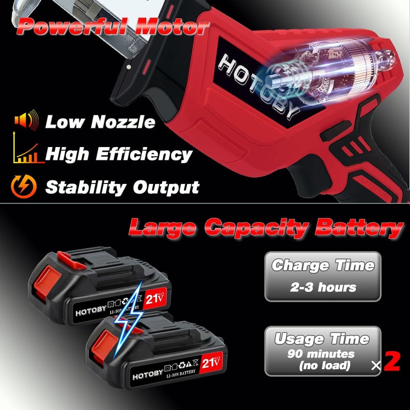 hotoby Reciprocating Saw, Cordless, Electric Reciprocating Saw with 2 Batteries, Includeds 8 Blades Kit, Tool-free Blade Change, Variable Speed, Multi-Purpose, For DIY Wood Metal PVC Cutting (Red) - Image 5